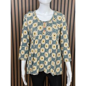 Fossil Women's Top Blouse Henley Babydoll Boho Grunge Vintage Y2K M Gray Floral